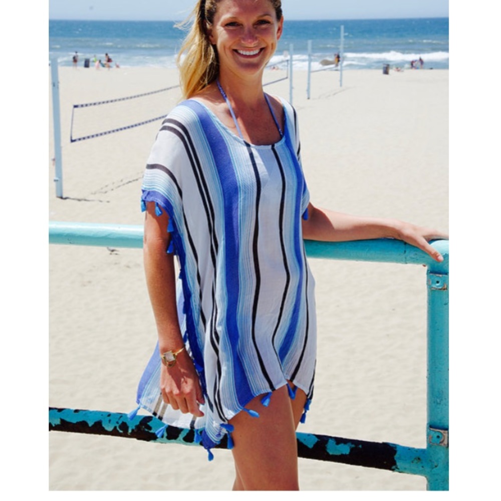 Ocean blue striped tassel coverup